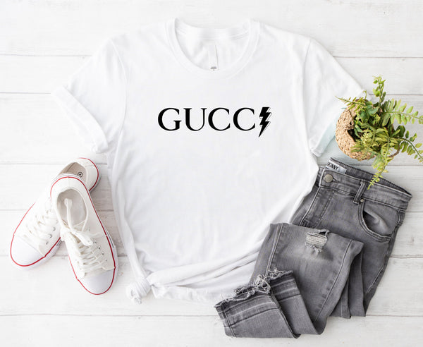 Gucci With Lightening Bolt Designer Tee - Bella + Canvas Jersey Tee